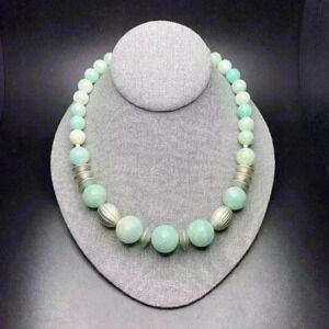 Chunky Aqua Blue Lucite Necklace Beaded Collar Silver Tone Bold Vintage